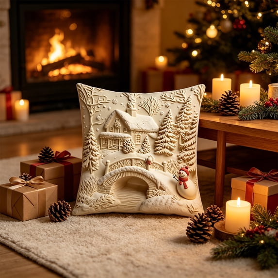 Christmas-Printed Cushion Covers, Winter Village Snow House Design Sofa Pillows, Soft Decorative Throw Pillow Cases for Living Room Bedroom Couch, Holiday Home Decor Gift Supply