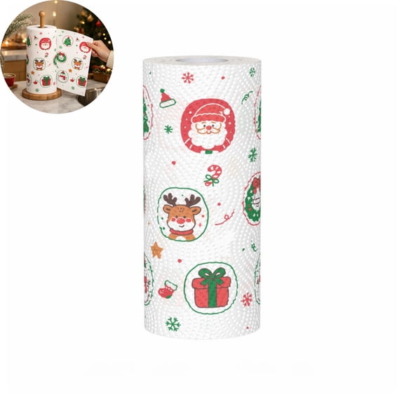 Christmas Printed Disposable Kitchen Paper Towels,Santa Reindeer Gift Box Holiday Pattern,Absorbent Oil‑Resistant Paper Towels for Home Kitchen Counter Christmas Dinner Party Table Decorations