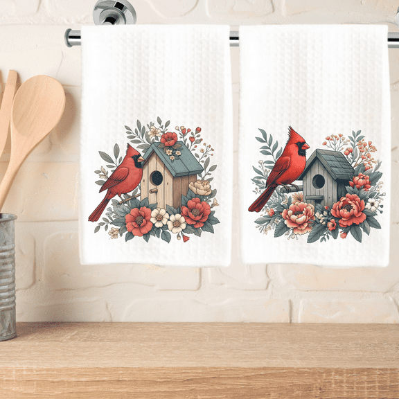 Christmas Printed Kitchen Towel Set Red Cardinal Bird 16x24 Happy Holiday Décor