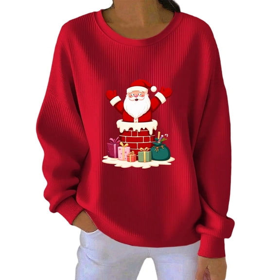 Christmas Printed Pullover for Women Casual Santa with Gift Graphic Sweatshirts Long Sleeve Crewneck Red Tops Loose Fit Holiday Party Vintage Daily Outfits