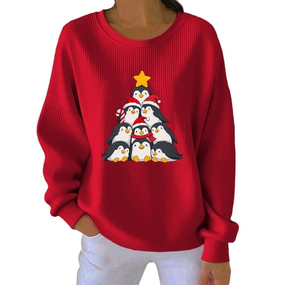 Christmas Printed Pullover for Women Casual Stack Penguin Xmas Tree Graphic Sweatshirts Long Sleeve Crewneck Red Tops Loose Fit Holiday Party Vintage Outfits