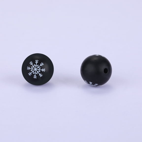 Christmas Printed Round with Snowflake Pattern Silicone Focal Beads Black 15x15mm Hole: 2mm