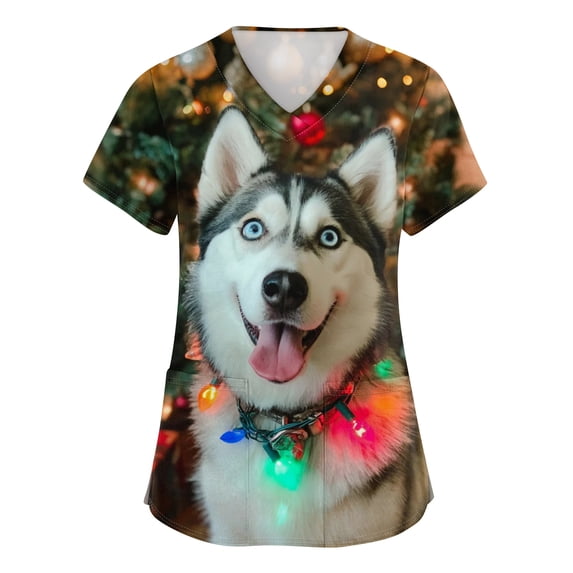 Christmas Printed Scrub Tops Women V Neck Short Sleeve Shirts Cute Cartoon Patterned Breathable Stretch Medical Nursing Uniforms with Pockets