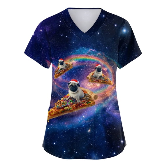 Christmas Printed Scrub Tops Women V Neck Short Sleeve Shirts Cute Cartoon Patterned Breathable Stretch Medical Nursing Uniforms with Pockets