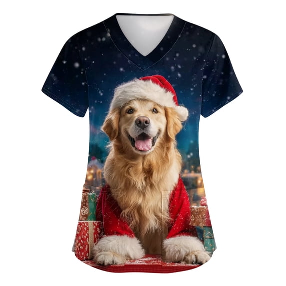 Christmas Printed Scrub Tops Women V Neck Short Sleeve Shirts Cute Cartoon Patterned Breathable Stretch Medical Nursing Uniforms with Pockets