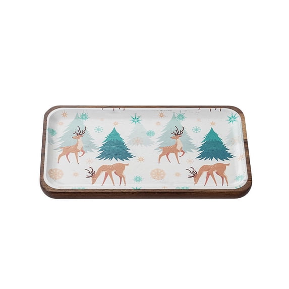 Christmas Printed Serving Tray with Wooden Rim Decorative Tray for Storing Cookies Desserts Tabletop Holiday Decoration