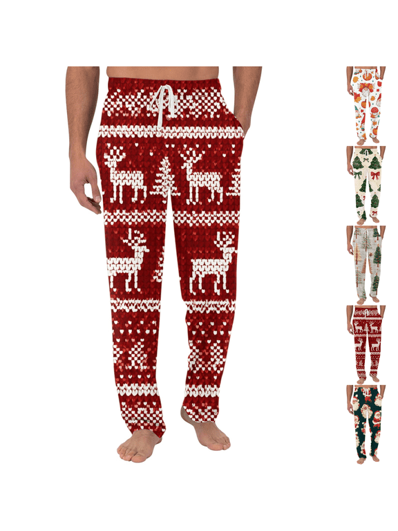 Christmas Printed Sleep Pants for Men Loose Fit Knit Casual with Side Pockets for Holiday Home Time
