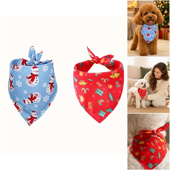 Christmas Printed Triangle Dog Bandana 2 Pack, Tie-On Polyester Semi-Gloss Pet Scarf Bib for Dogs and Cats,Red