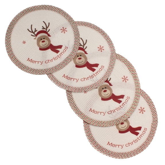 Christmas Printed Woven Braided Table Placemats 15 Inches Round Set of 4 Non-Slip Dining & Kitchen Table Mats Reindeer