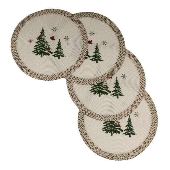 Christmas Printed Woven Braided Table Placemats 15 Inches Round Set of 4 Non-Slip Dining & Kitchen Table Mats Xmas Tree