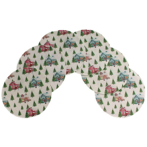 Christmas Printed Woven Braided Table Placemats 15 Inches Round Set of 6 Non-Slip Dining & Kitchen Table Mats Snow House