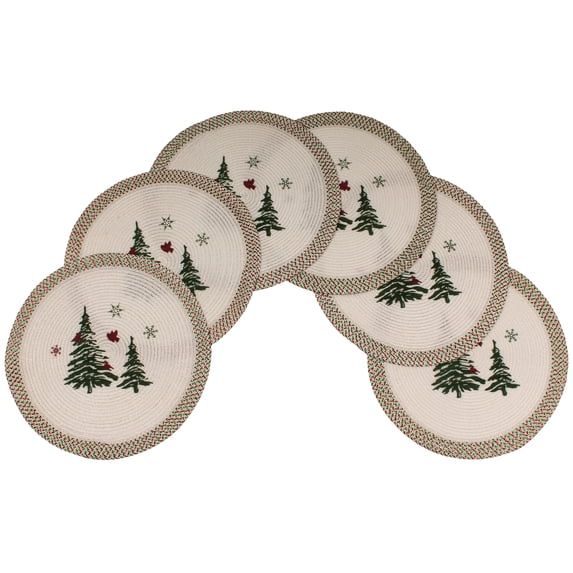Christmas Printed Woven Braided Table Placemats 15 Inches Round Set of 6 Non-Slip Dining & Kitchen Table Mats Xmas Tree
