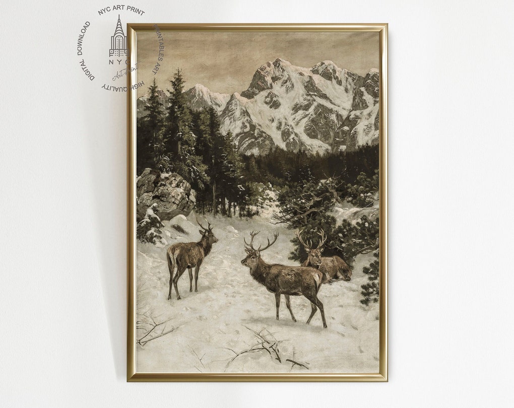 Christmas Prints, Vintage Christmas Printable Wall Art, Winter Deer ...