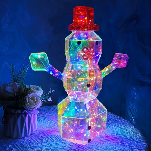 Christmas Prismatic Iridescent Snowman Ornaments LED Light Up Snowman Figurine USB Powered Table Decor for Holiday Decoration