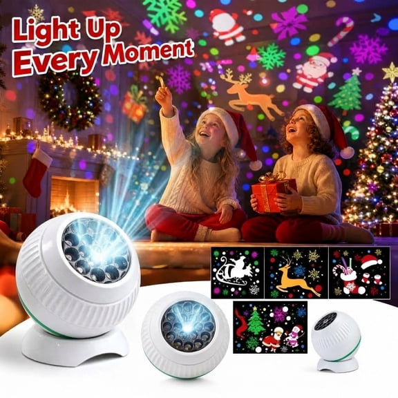 Christmas Projection Light, 360-Degree Rotating Projection Light,Decorative Tabletop Projector with 16 Christmas Holiday Images, Compact Indoor Light for Home Decor, Parties, Gifts