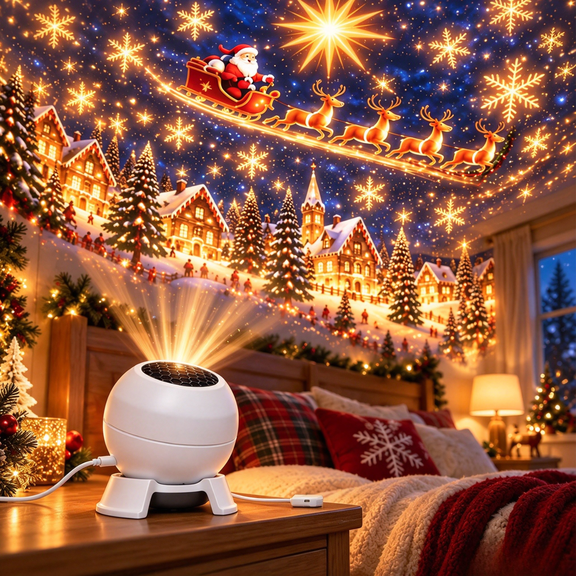 Christmas Projector Light, Santa & Reindeer Snowflake Village Projection Lamp, 360 Adjustable Holiday Star Projector, Indoor Christmas Decor for Bedroom Ceiling, Gift for Family Friends