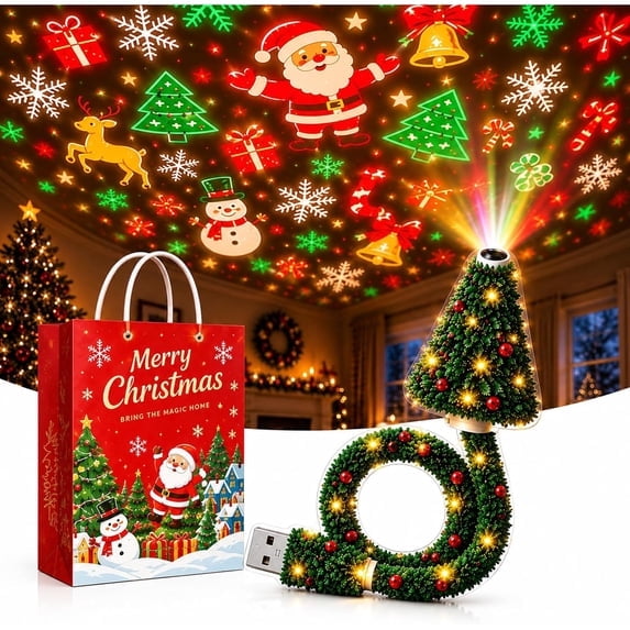 Christmas Projector Light Tree-Shaped, HD Plug Christmas Projector for Wall and Ceiling Decor, USB Indoor Christmas Light for Room, Party and Seasonal Displays