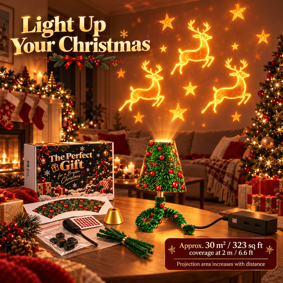 Christmas Projector Light, USB Flexible Tree Lamp with 6 Holiday Patterns, Bendable Desk Decor Night Light for Bedroom, Ceiling & Wall