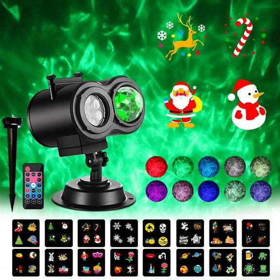 Christmas Projector Lights, 16 HD Patterns & 10 Water Wave LED Landscape Lights Waterproof, with Remote Control, 2 in 1 Indoor Outdoor Holiday Light Projector for Xmas Party Decor