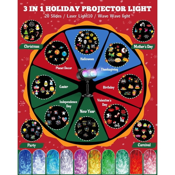 Christmas Projector Lights Outdoor, Laser Firefly & Ocean Wave Projector with 20 Slides  8 Patterns, 14 Scenes, Waterproof Holiday Light for House, Yard, Garden, with Remote & Timer