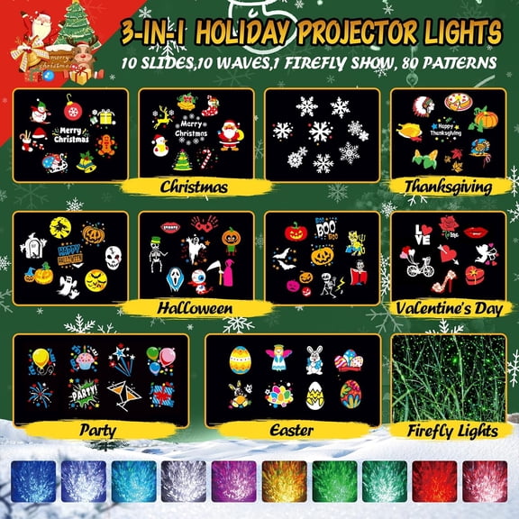 Christmas Projector Lights Outdoor with Ocean Wave & Firefly Light, 10 Slides/80 Patterns Holiday Projection Lights Indoor with Remote & Timer, Waterproof Light Projector Christmas Decorations