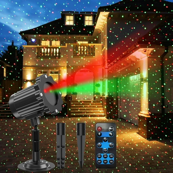 Christmas Projector Lights Outdoor, Waterproof Christmas Laser Lights Outdoor with Remote, Landscape Spotlight Red and Green Star Show, Laser Projection for Garden House Decor Holiday Xmas Decoration