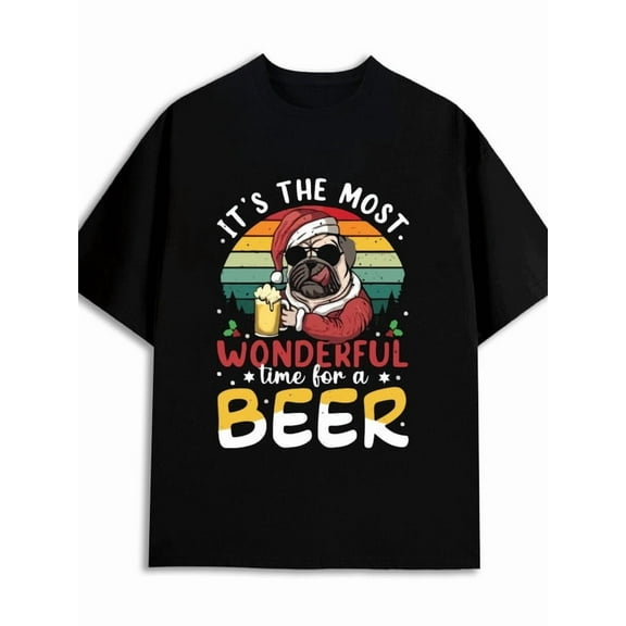 Christmas Pug Beer Tee Christmas t shirts t-shirt mens 180G 100% Cotton black summer and spring season Unique designs, summer prints glitter elegant Vintage Unisex Shirt Crewneck tshirts
