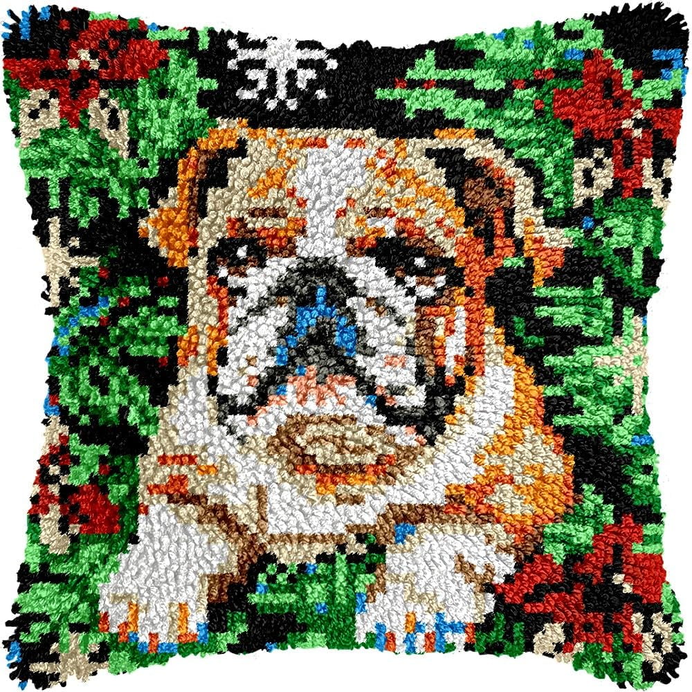 Christmas Pug Dog Latch Hook Pillow Kits for DIY Throw Pillow Cushion Embroidery Latch Hooking Pillowcase Kits with Preprinted Canvas Crochet Yarn Kits for Home Decor 17''X 17''(d313)