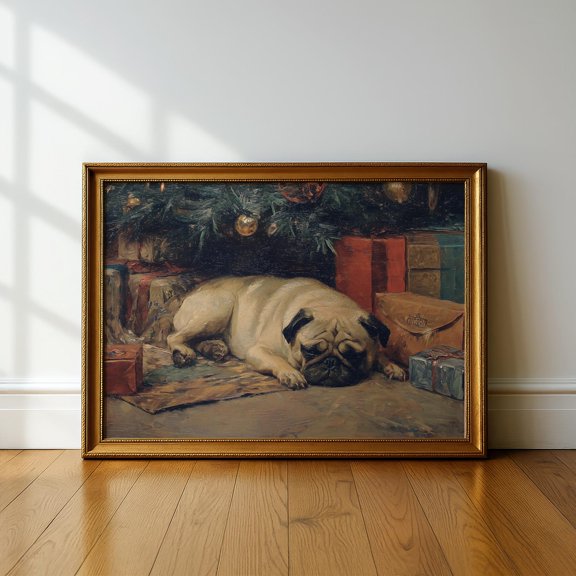 Christmas Pug Vintage Painting, Sleeping Dog Wall Art Poster, Pet Retro Winter Drawing, Poster Only