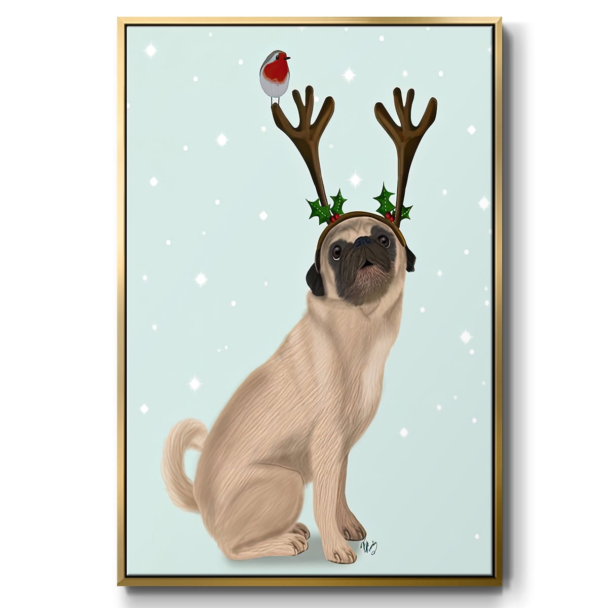 Christmas Pug with Antlers and Robin - Framed Gallery Wrapped Holiday Canvas - 17 x 25 - Gold Frame