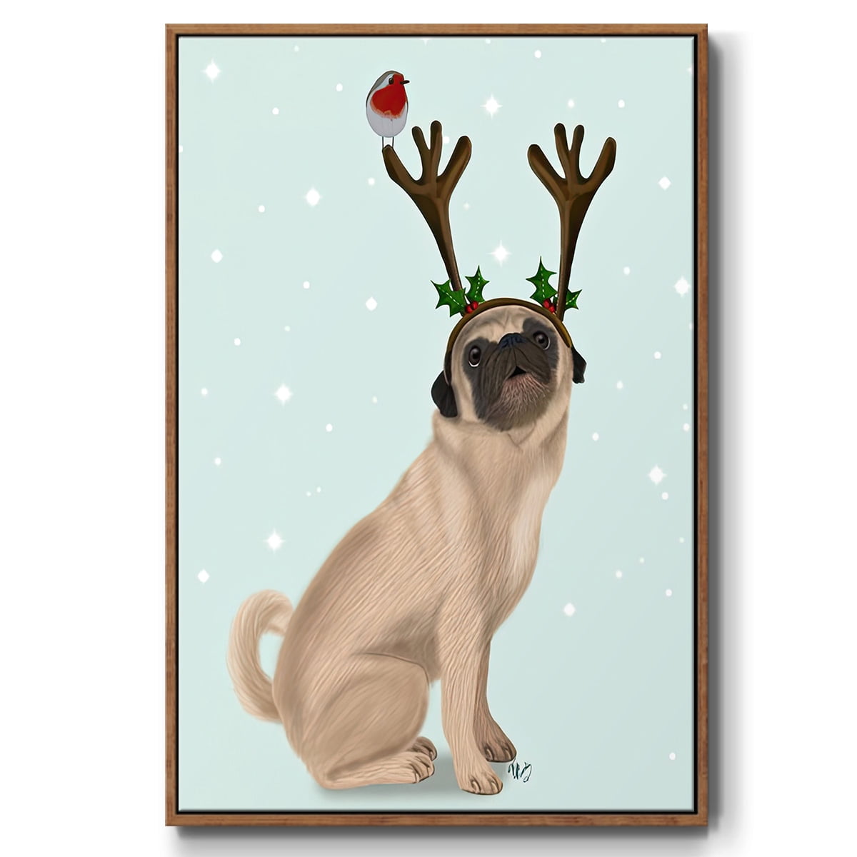 Christmas Pug with Antlers and Robin - Framed Gallery Wrapped Holiday Canvas - 17 x 25 - Rosewood Frame