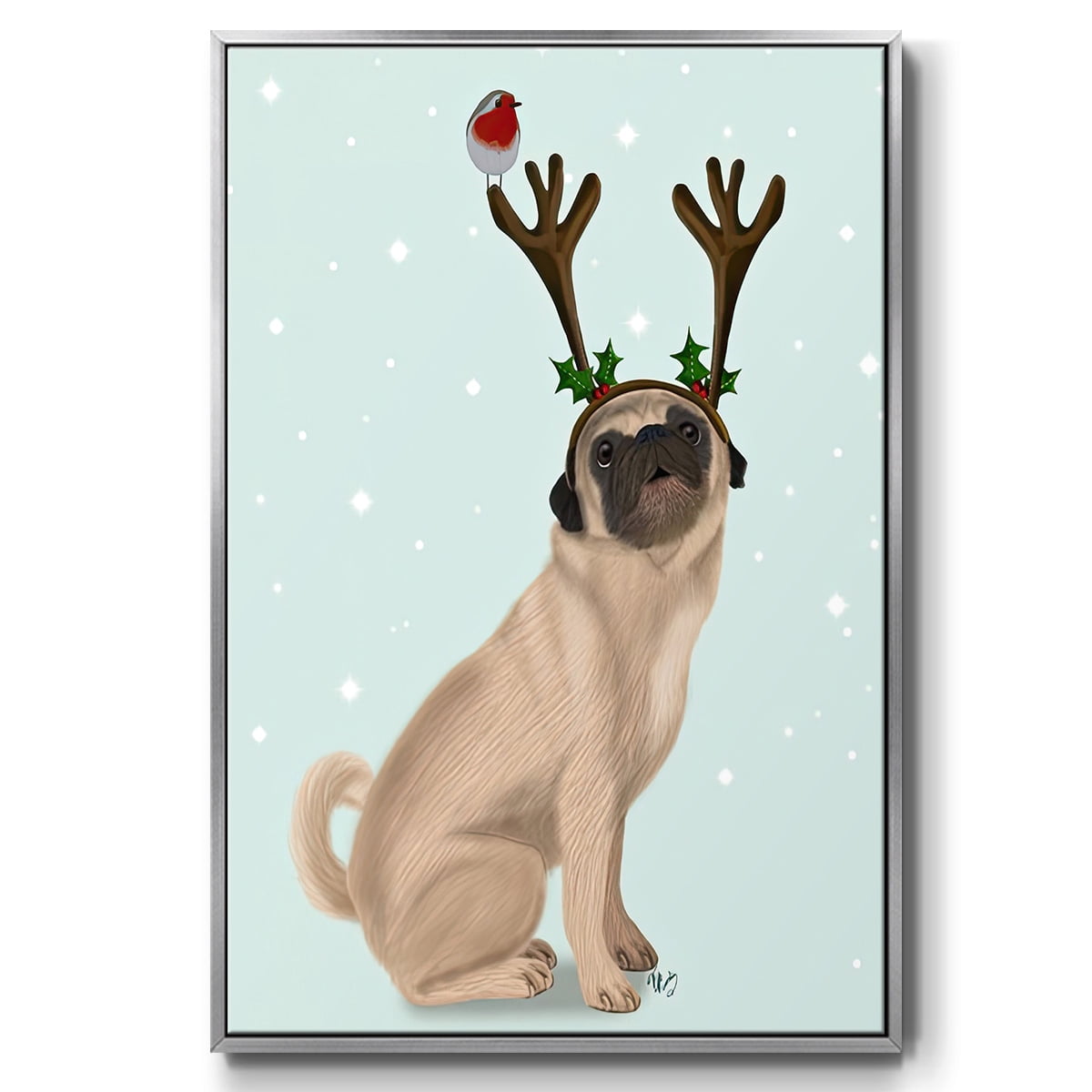 Christmas Pug with Antlers and Robin - Framed Gallery Wrapped Holiday Canvas - 17 x 25 - Silver Frame