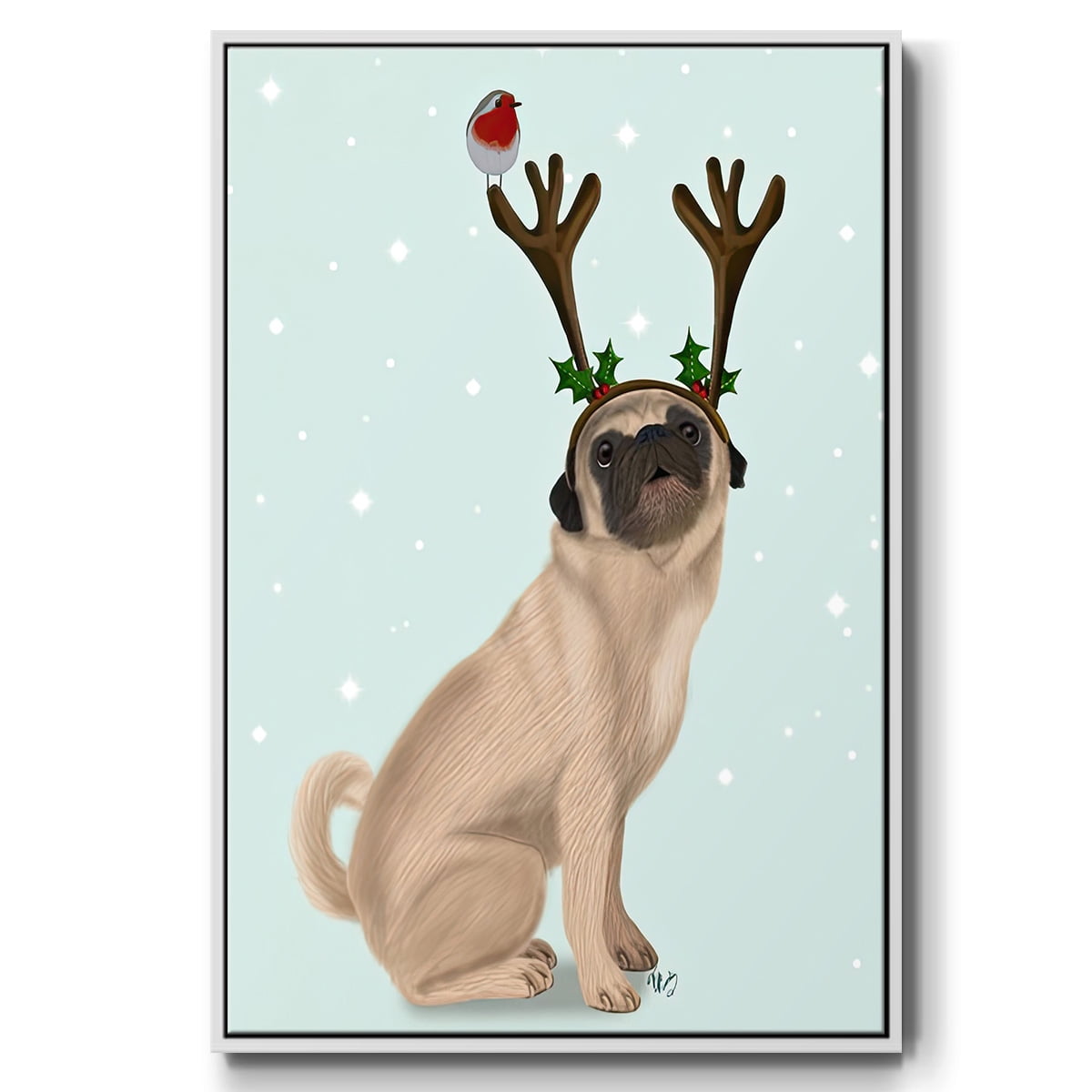 Christmas Pug with Antlers and Robin - Framed Gallery Wrapped Holiday Canvas - 25 x 37 - White Frame