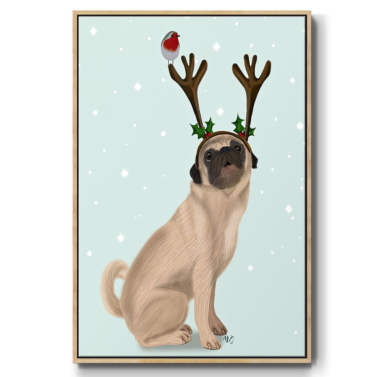 Christmas Pug with Antlers and Robin - Framed Gallery Wrapped Holiday Canvas - 27 x 41 - Natural Wood Frame