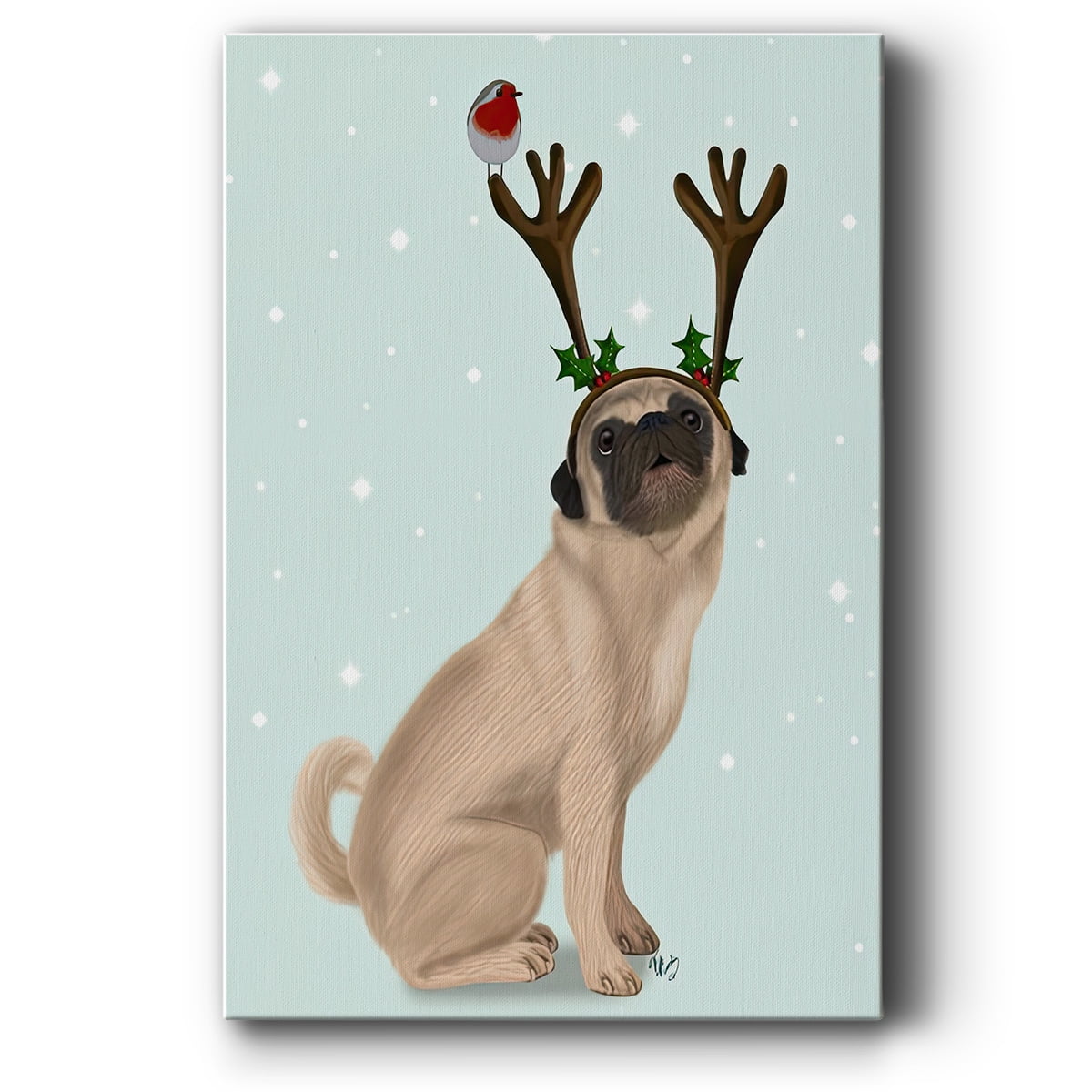 Christmas Pug with Antlers and Robin- Gallery Wrapped Canvas