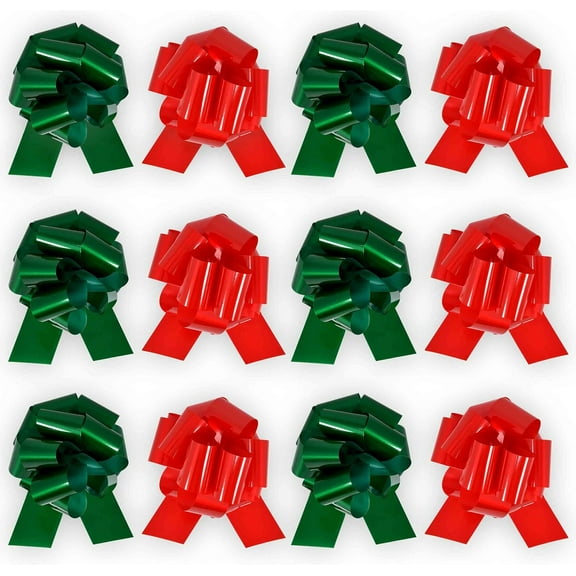 12 Pcs Christmas Pull Bows for Easy Gift Wrapping with Ribbon 6" Wide Wrap Bow for Holiday Tree Decoration Presents Baskets Birthday 6 Green & 6 Red