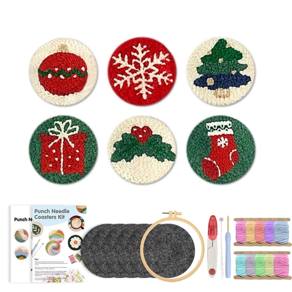 Christmas Punch Needle Coaster DIY Kit Embroidery Heat Resistant Mat Handcrafted Beverage Pad Stress Relief Holiday Art Material Set Home Decor B109