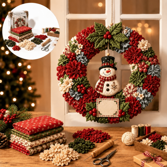 Christmas Punch Needle Fabric Wreath DIY Kit, 3D Snowman Hanging Craft with Textured Cloth Pieces for Door and Wall Holiday Decor