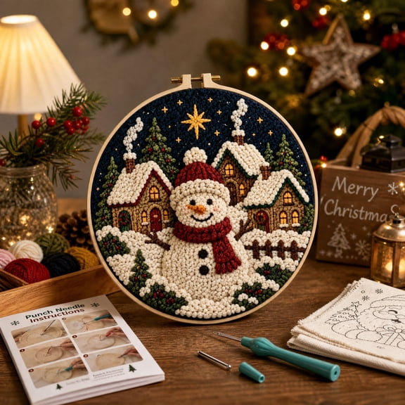 Christmas Punch Needle Kit for Beginners DIY Embroidery Starter Set with Yarn Hoop for Home Wall Decor
