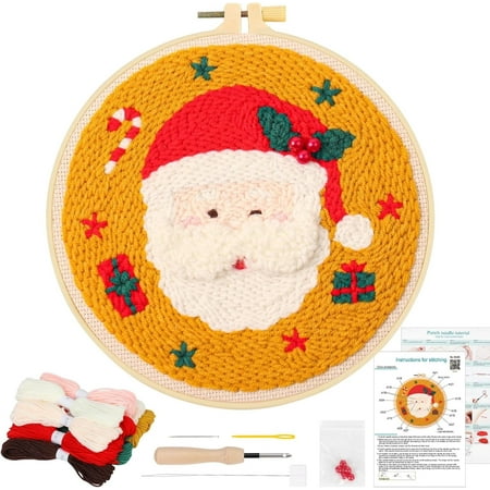Christmas Punch Needle Kit for Beginners, Punch Needle Starter Kit with Santa Pattern Cloth Hoops Woolen and Tools, DIY Handicraft Crafts Kit