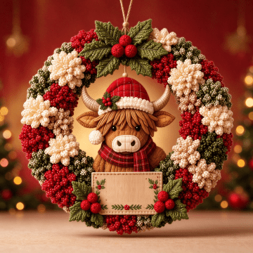 Christmas Punch Needle Wreath Diy Kit with Highland Cow and Plaid Design, Festive Rustic Fabric, for Farmhouse Christmas Decor, Embroidery Starter Kit