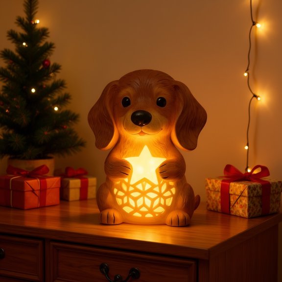 Christmas Puppy Glowing Figurine Decoration Cute Luminous Resin Desktop Ornament for Home Office Bedroom Holiday Decor Mantel Tabletop Shelf Seasonal Decorations Christmas Party Favors-A
