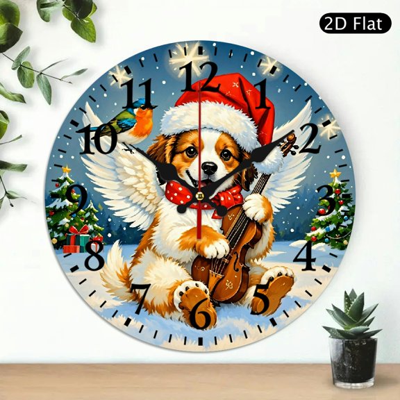 Christmas Puppy Playing Violin Wall Clock, Festive Angelic Dog Design, 10x10 Inch Round Decorative Clock for Holiday Decor, 1pc, Battery Not Included