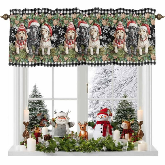Christmas Puppy Valances for Windows, 54 x 18in, Dogs Gingerbread Pine Snowflake Black Plaid Rod Pocket Kitchen Valance Curtain Light Filtering Window Treatments for Living Room Bedroom, 1 Panel