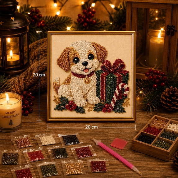 Christmas Puppy with Gift Box Gem Bead Painting Kit, DIY Pearl Art Set with Photo Frame, Easy‑to‑Make Holiday Craft, Handmade Wall Decor for Adults