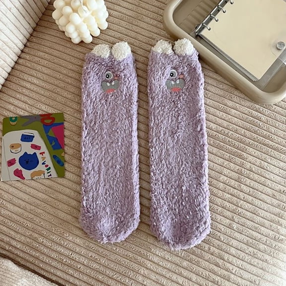 Christmas Purple Cute Cartoon Socks Autumn Socks1 Pair Fuzzy Socks Ear Design Tube Socks Cute Animal Socks Fluffy Soft Winter Warm Socks Christmas Easter Giftsfor Women