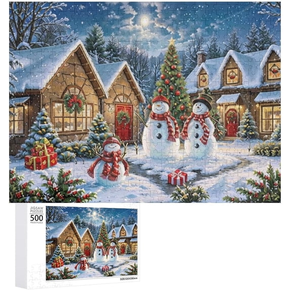 Christmas Puzzle 500 Pieces Jigsaw Puzzles for Adults,20"x15" Medium Difficulty Fun Jigsaw Puzzles Colorful Illustration of Winter Snowman Decoration for Family Party Holiday