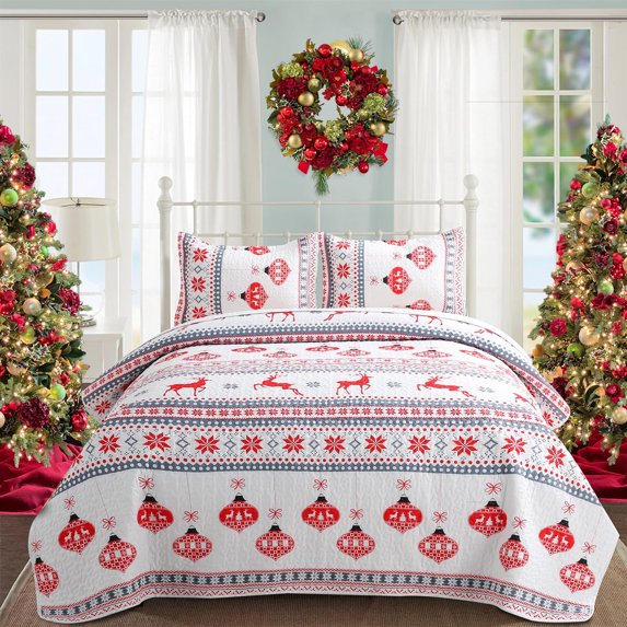 Christmas Queen Quilt Set - Lantern Pattern Soft Microfiber Lightweight Bedspread 3-Piece for All Season (1 Quilt, 2 Pillow Shams)
