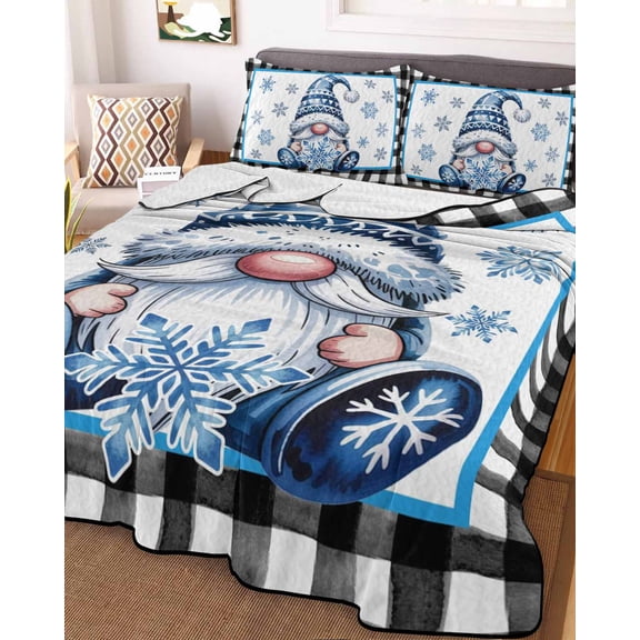 Christmas Queen Size Down Alternative Comforter, Lightweight Comforter Quilt Bedding Set with Pillow Shams Winter Blue Snowflakes Gnomes Black Plaid All Seasons Bed Comforter Duvet Insert 90"x96"