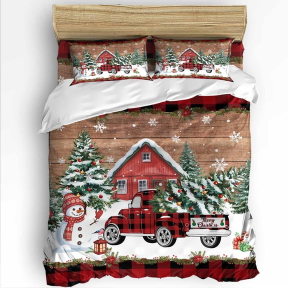 Christmas Queen Size Comforter Set, Plaid Xmas Truck Snowman Farmhouse Pine Wood Grain Bedding for All Seasons, 4 Pcs Bed Set with 1Comforter (90"x92") ,1 Sheet(94"x116"), 2 Pillowcases (19"x29")
